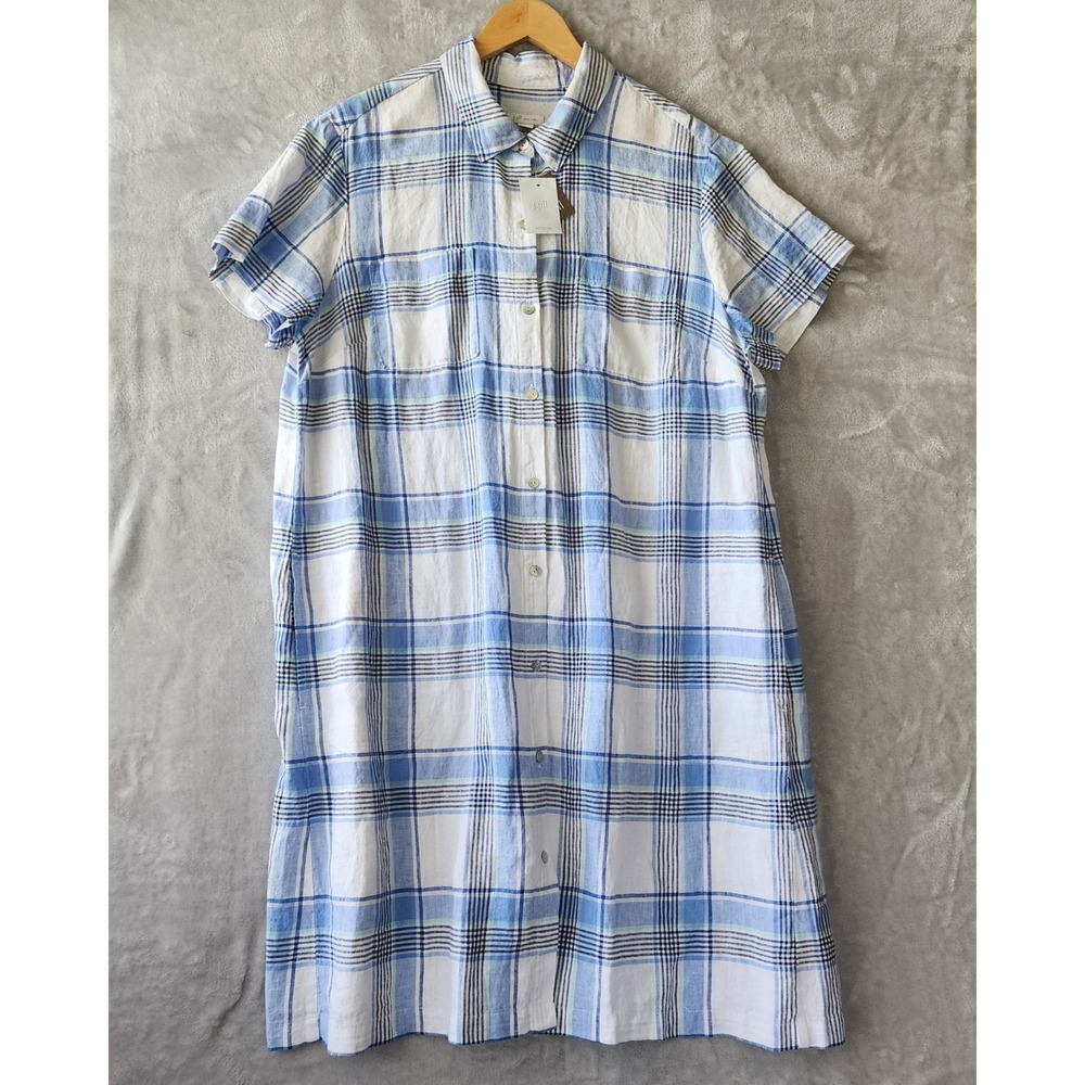 J. Jill Love Linen Dress Womens Size XL Blue Plaid Shirt Button Up Pockets NWT